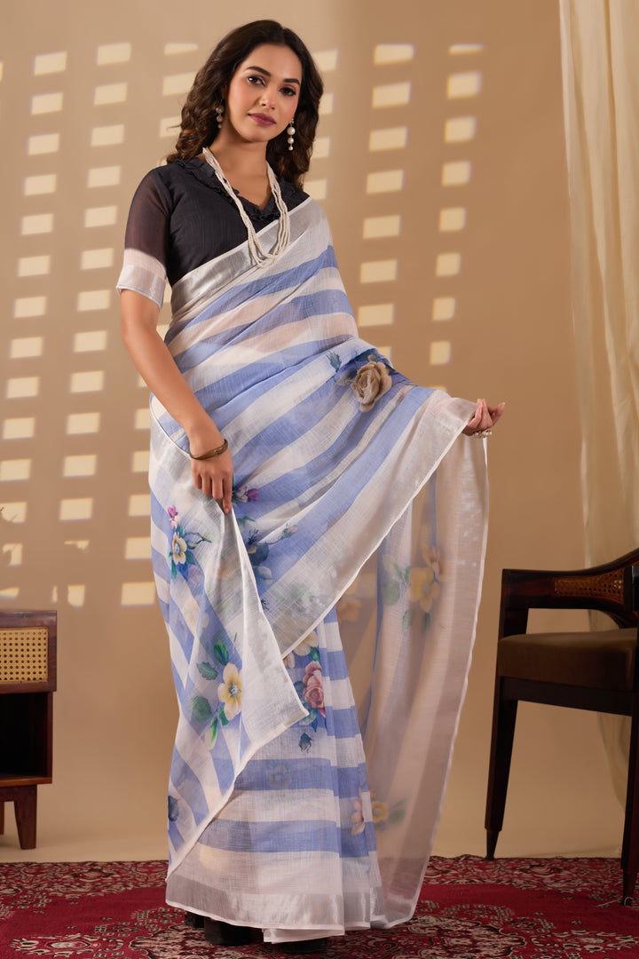 Stripes cotton linen digital print Light Blue with White saree with silver border.
