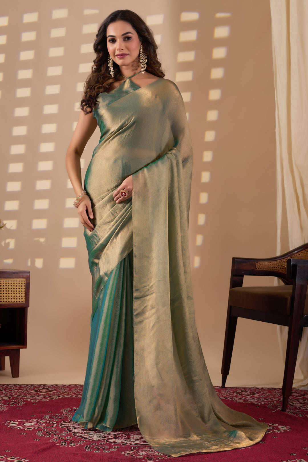 Designer Fendi green gold saree
