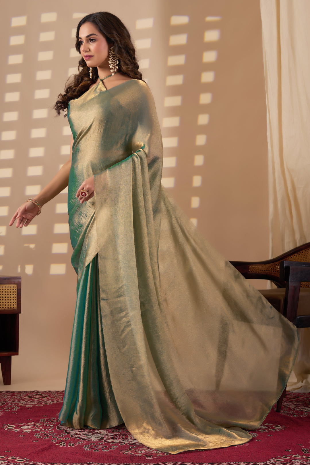 Designer Fendi green gold saree