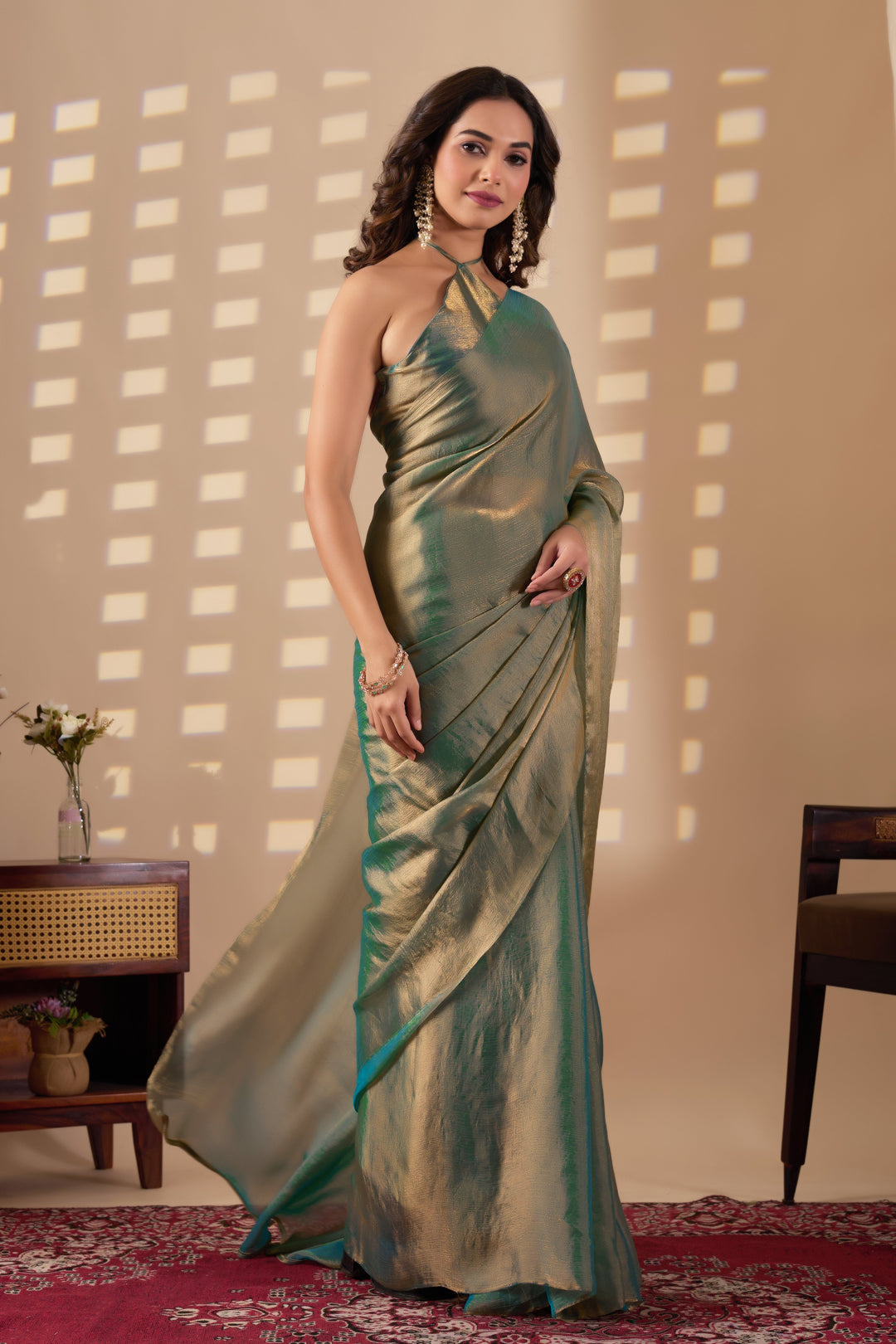 Designer Fendi green gold saree
