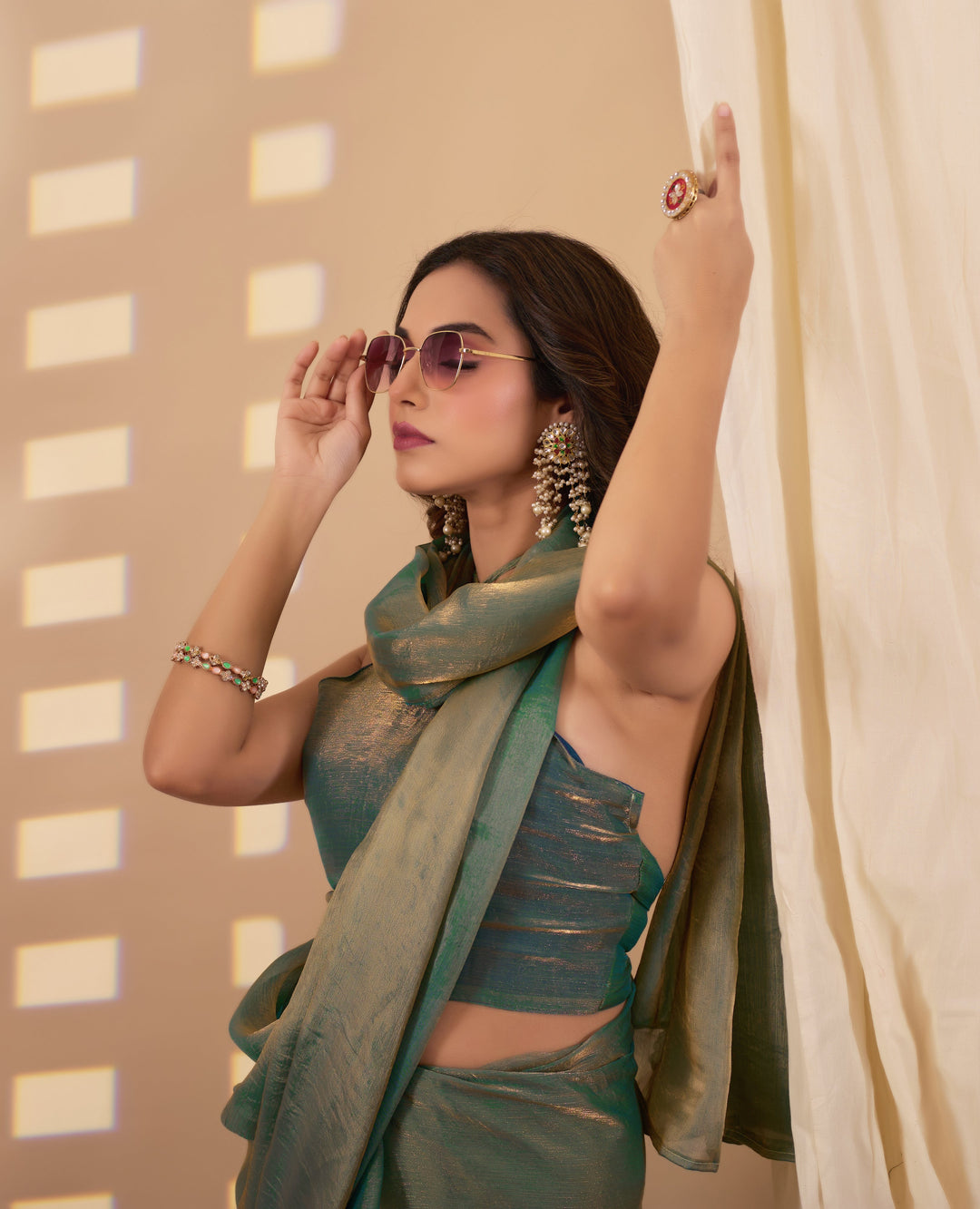 Designer Fendi green gold saree