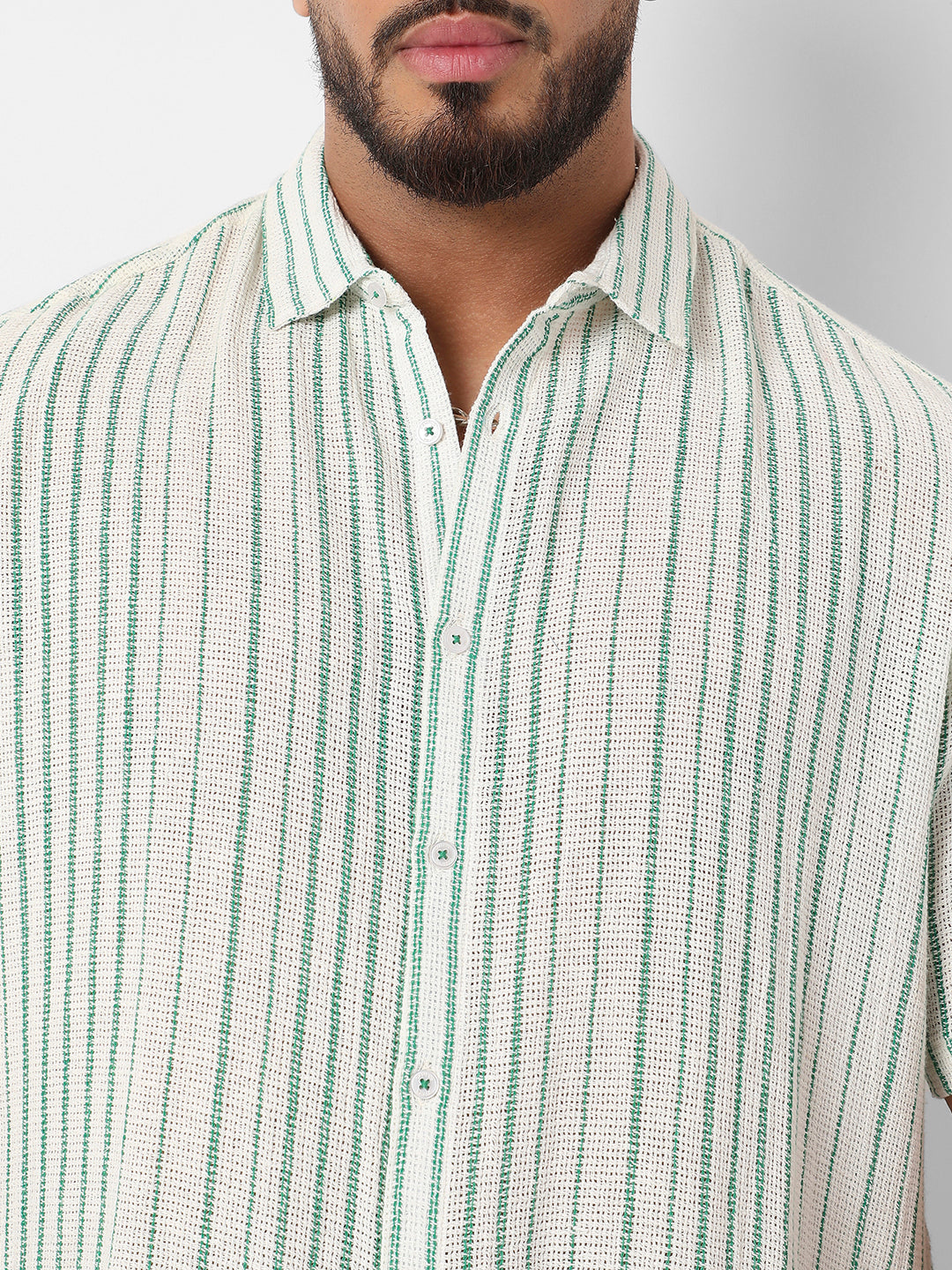 White & Green Unbalanced Striped Woven Shirt