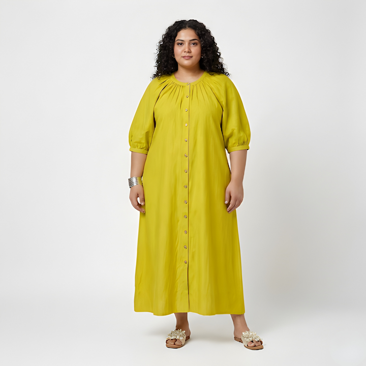 Olive Long Dress With Puff Sleeves