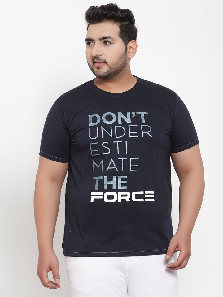 Plus Size Men Navy Blue Printed Round Neck Pure Cotton T-shirt