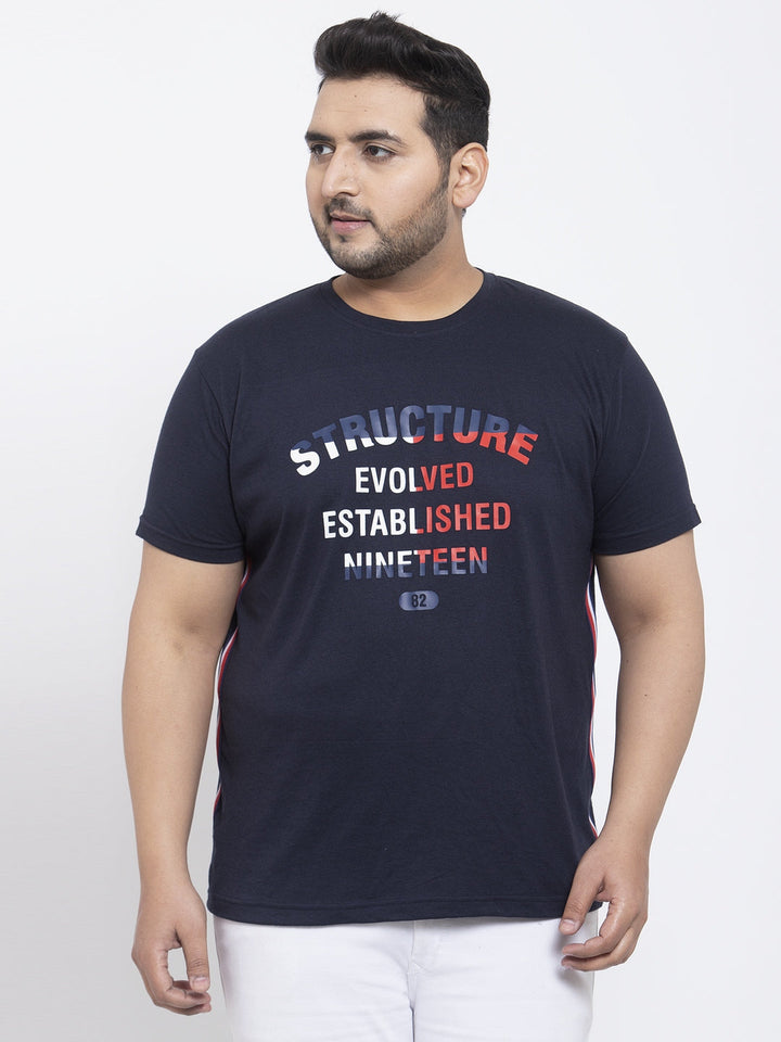 Plus Size Men Navy Blue Printed Round Neck Pure Cotton T-shirt