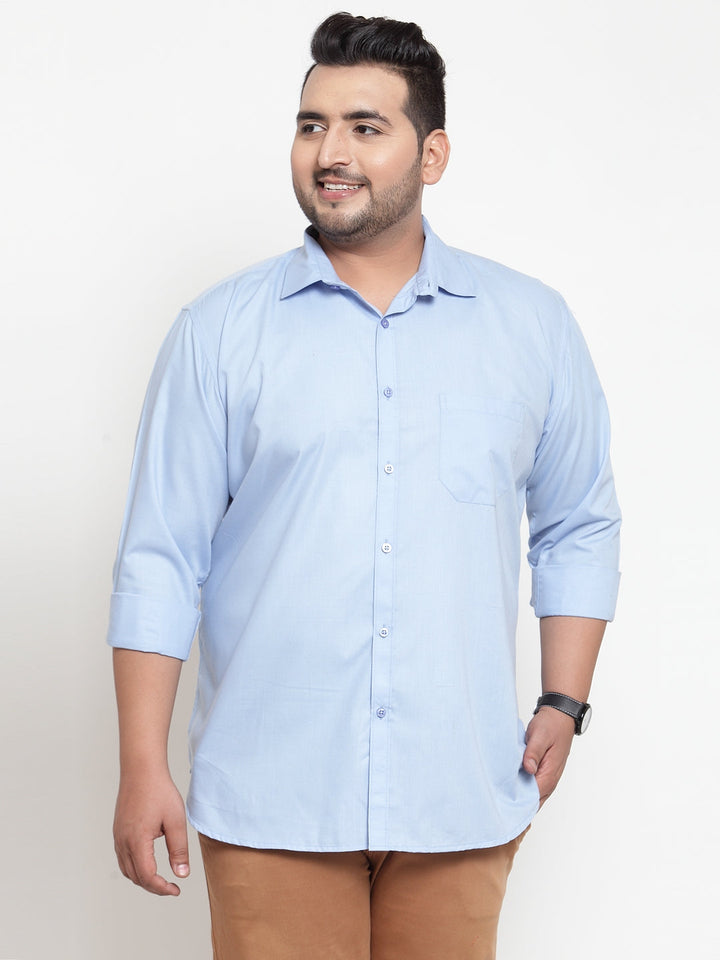 Plus Size Men Blue Regular Fit Solid Cotton Casual Shirt