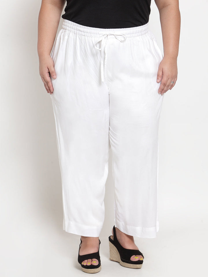Plus Size Women White Solid Straight Palazzos