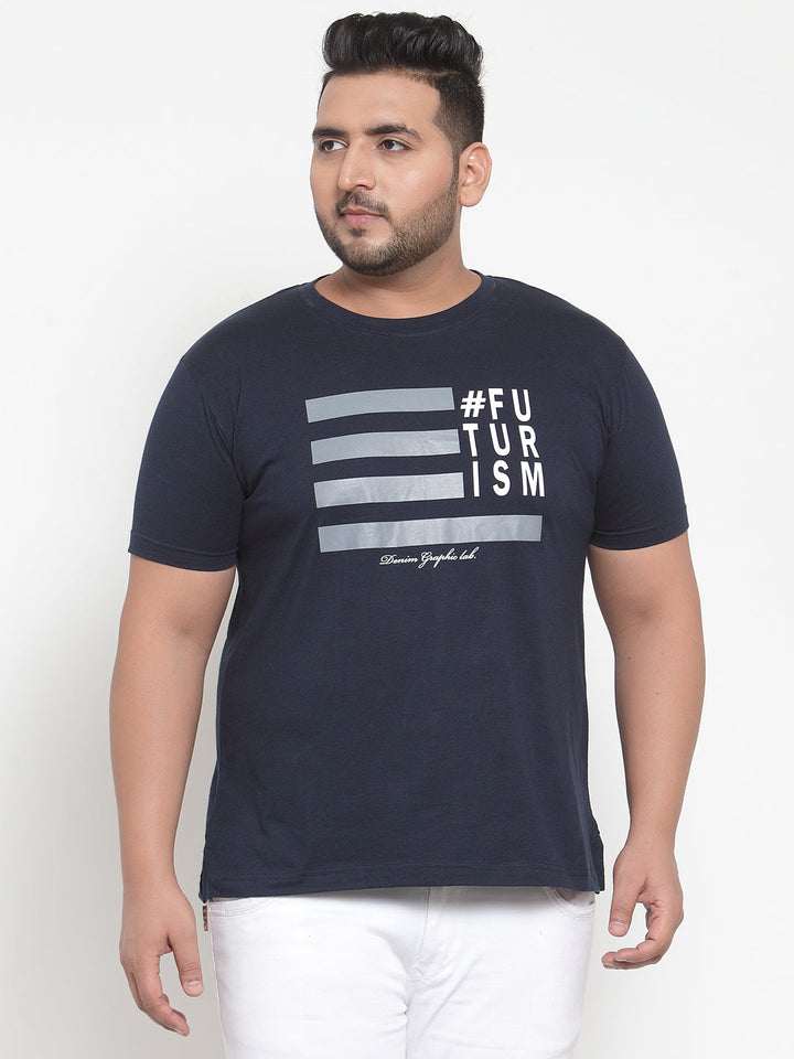 Plus Size Men Navy Blue Printed Round Neck Pure Cotton T-shirt
