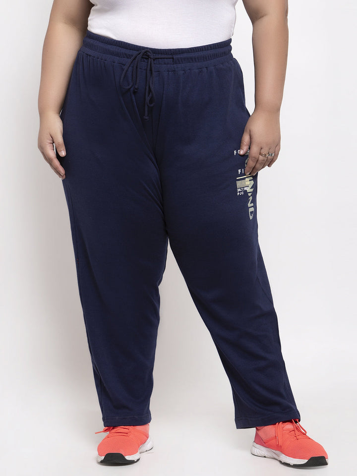 Plus Size Women Navy Blue Solid Straight-Fit Track Pants
