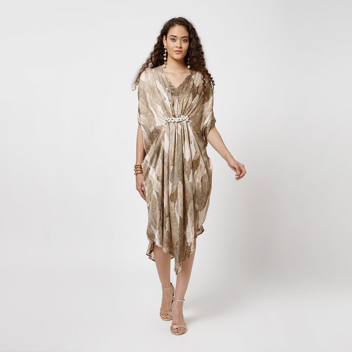 Olive Satin Kaftan With Pearls