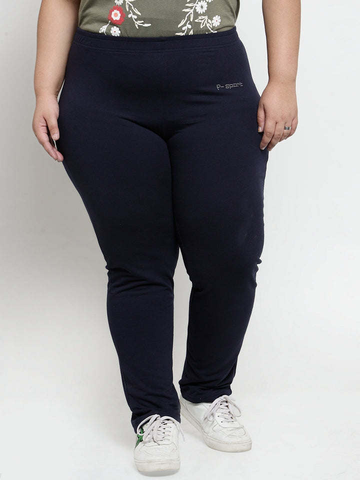 Plus Size Women Navy Blue Solid Straight-Fit Cotton Track Pants