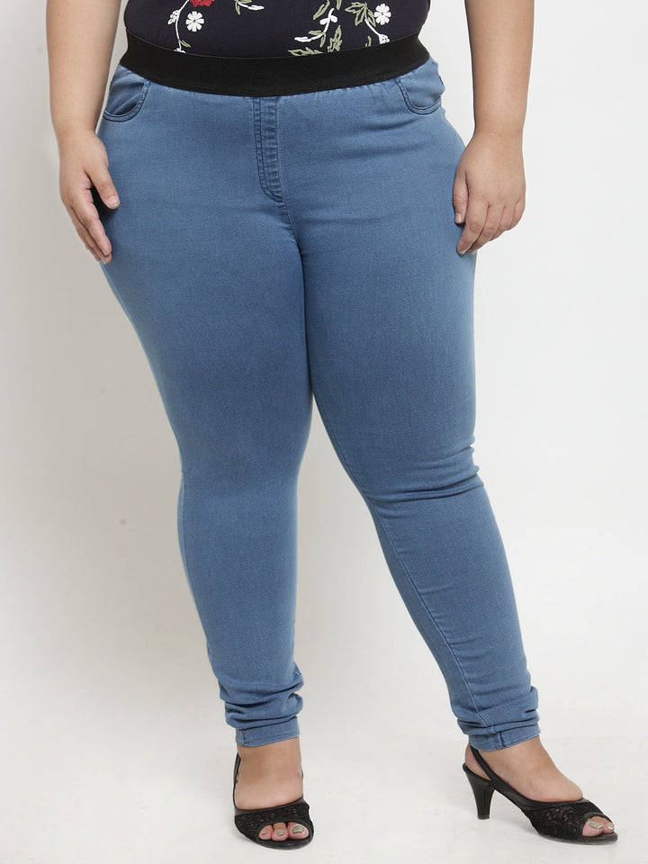 Plus Size Women Blue Solid Jegging