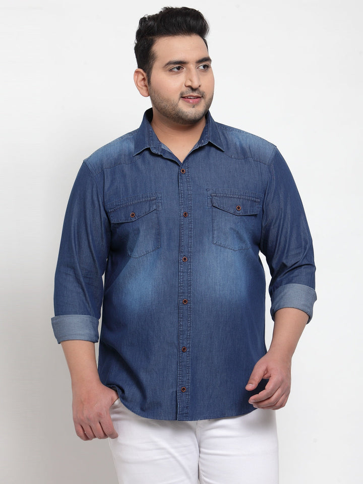 Plus Size Men Blue Regular Fit Solid Casual Denim Shirt