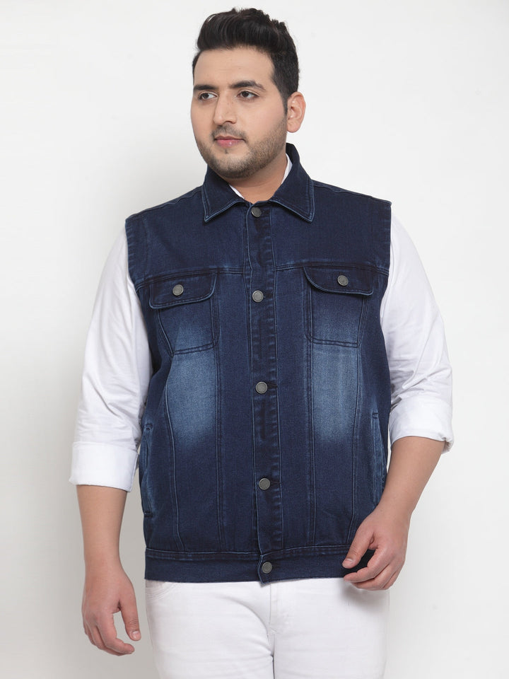 Plus Size Men Blue Solid Denim Jacket