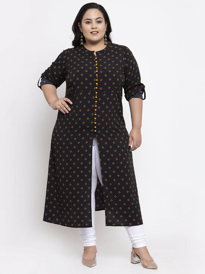 Plus Size Women Black Woven Design A-Line Kurta