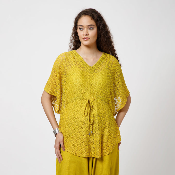 Olive Lace Fabric Kaftan With Spaghetti