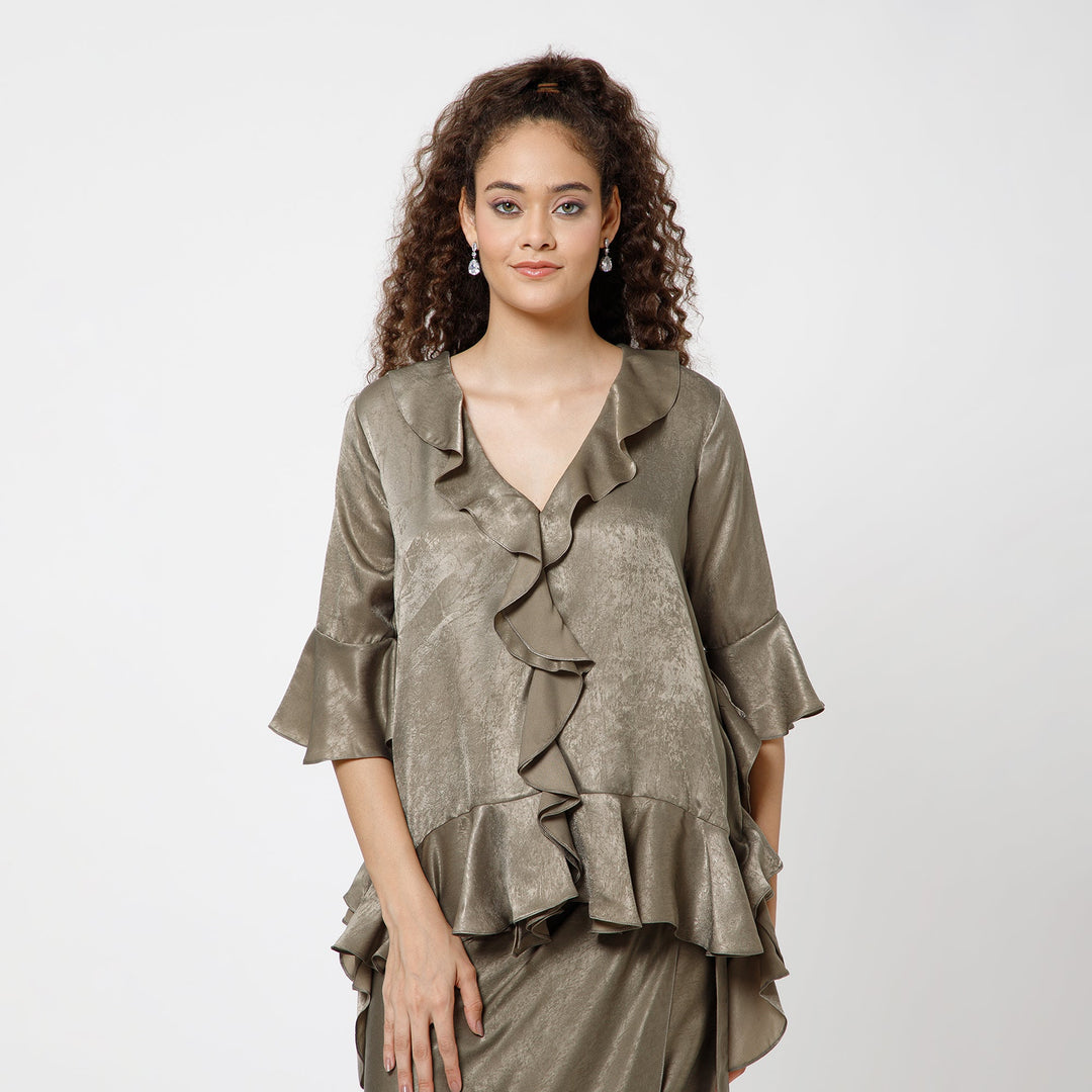 Olive Satin Asymetrical Frill Top