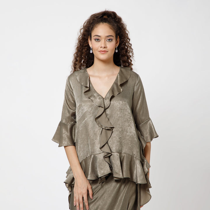 Olive Satin Asymetrical Frill Top