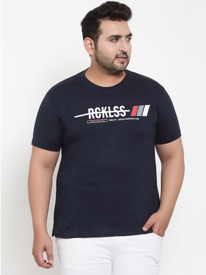Plus Size Men Navy Blue Printed Round Neck Pure Cotton T-shirt