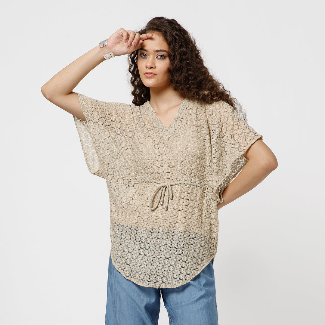 Beige Lace Fabric Kaftan With Spaghetti