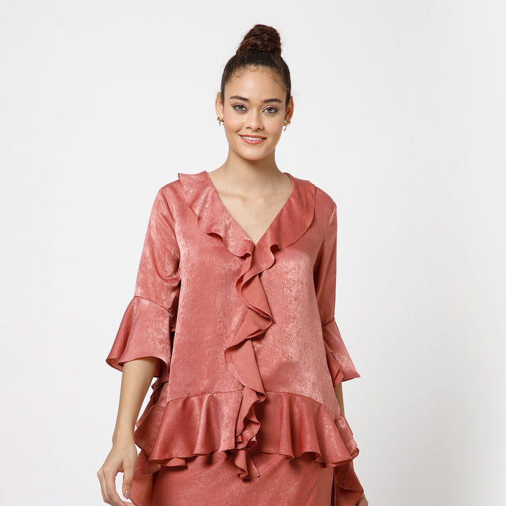 Peach Satin Asymetrical Frill Top