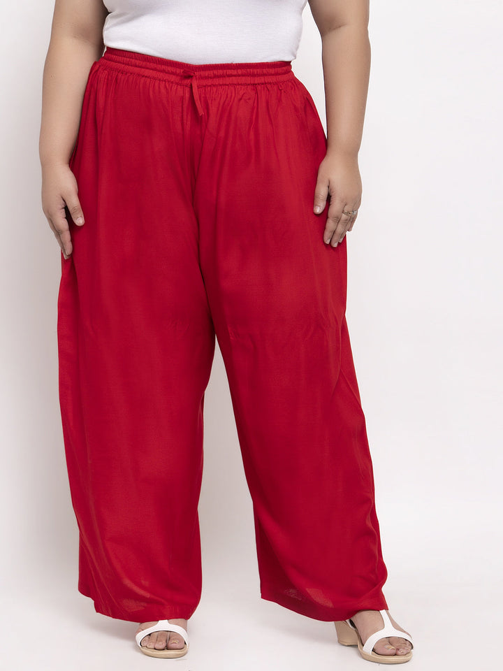 Plus Size Women Red Solid Flared Palazzos