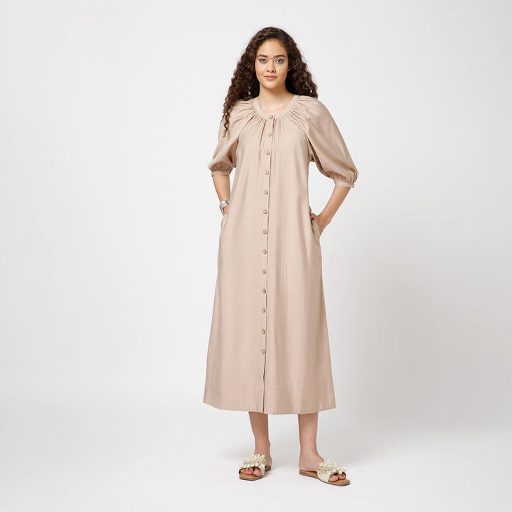 Beige Long Dress With Puff Sleeves