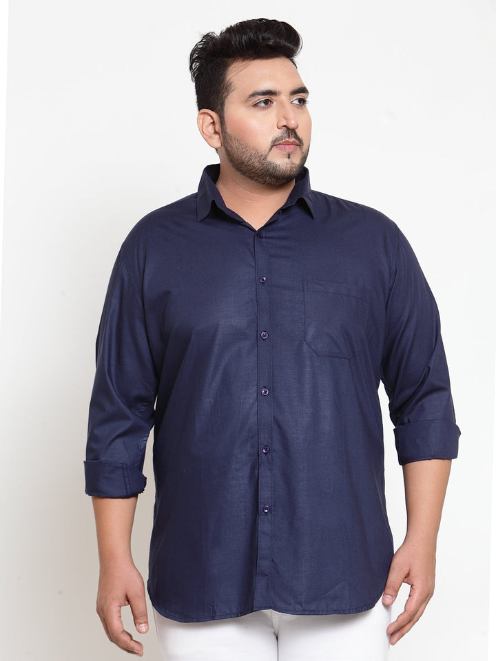 Plus Size Men Navy Blue Regular Fit Solid Casual Shirt