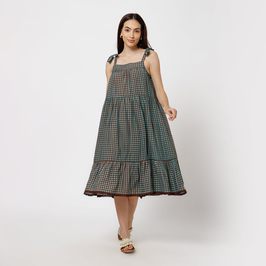 Brown Turqoise Check Tiered Dress