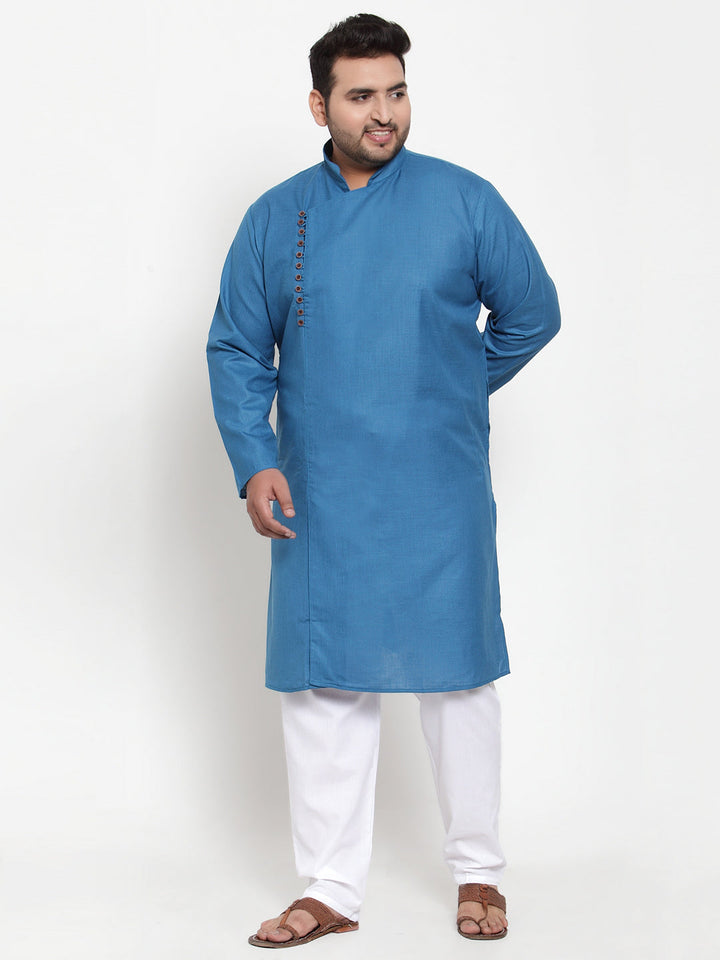 Plus Size Men Blue & White Solid Kurta with Pyjamas