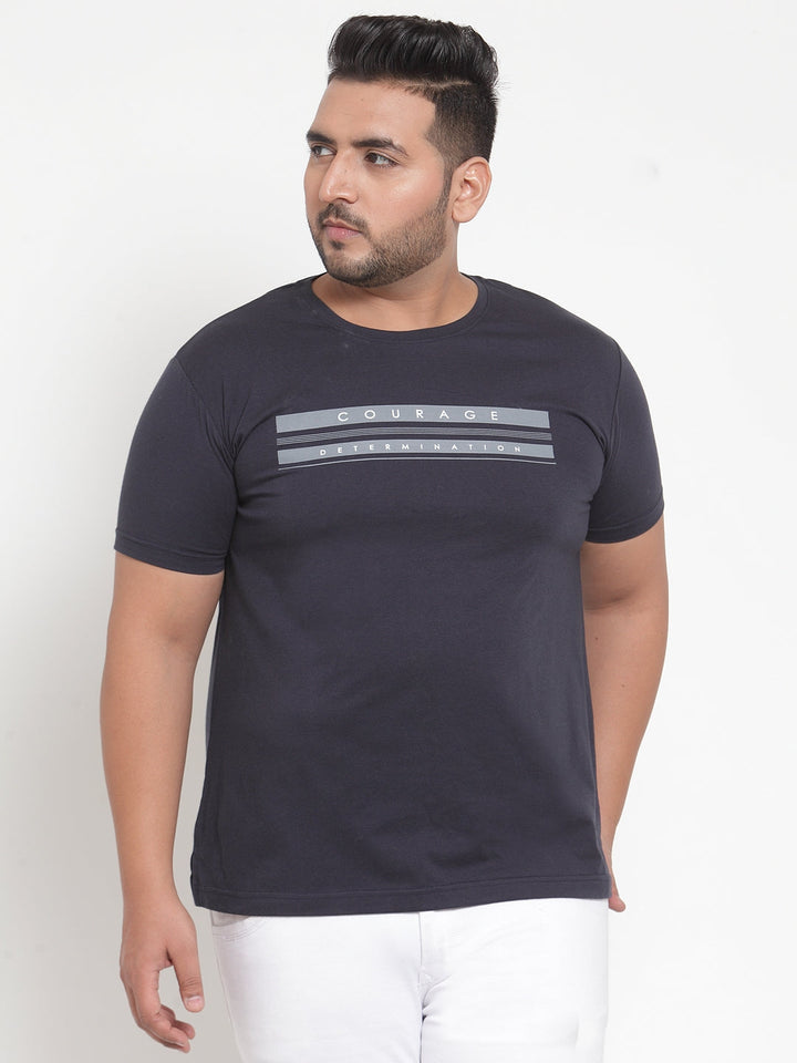 Plus Size Men Navy Blue Printed Round Neck Pure Cotton T-shirt