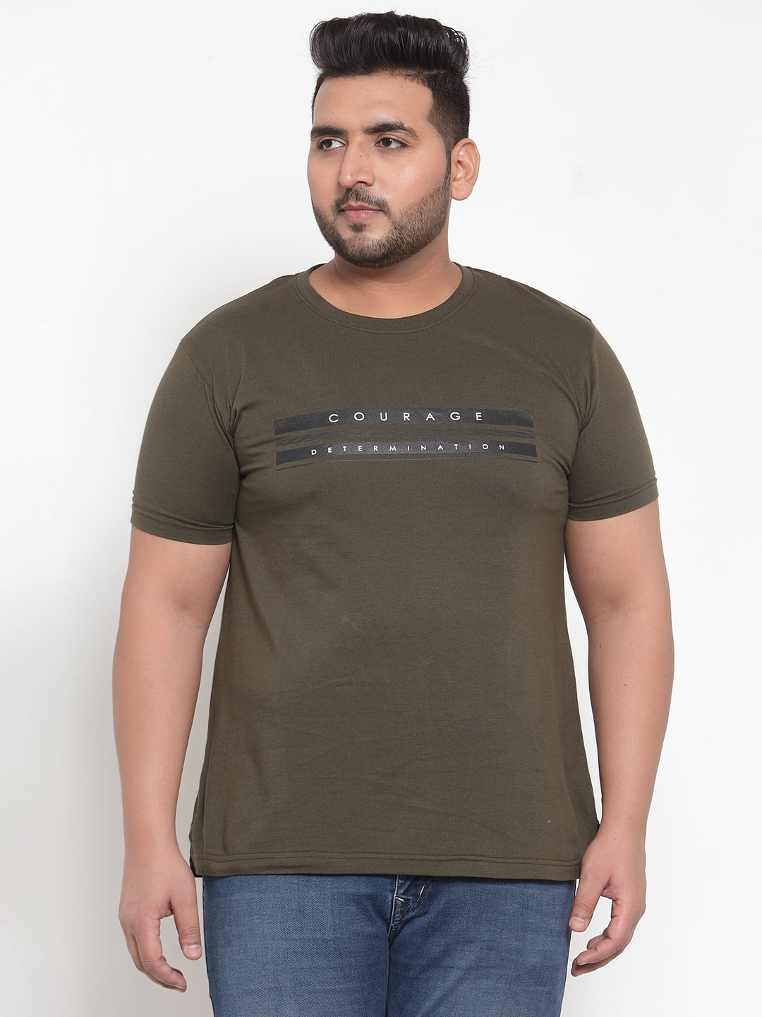 Plus Size Men Olive Green Printed Round Neck Pure Cotton T-shirt