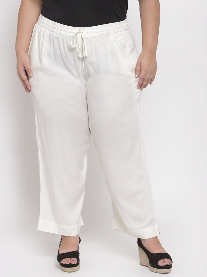 Plus Size Women White Solid Straight Palazzos