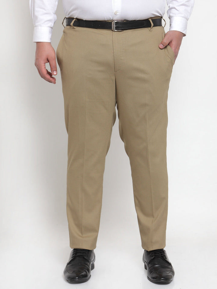 Plus Size Men Beige Regular Fit Solid  Formal Trousers