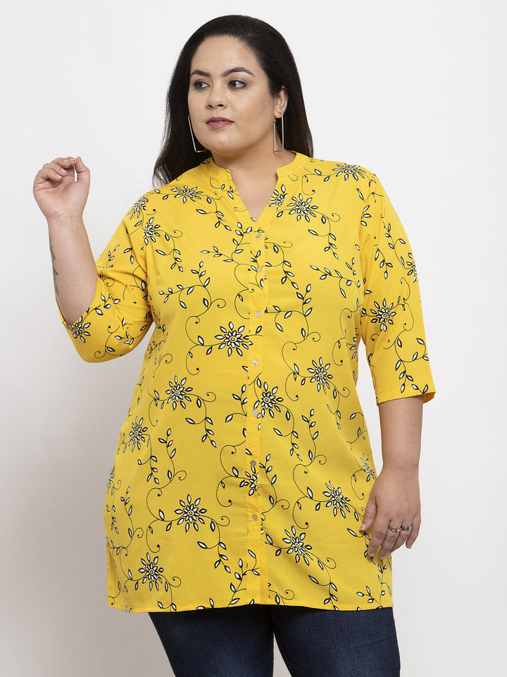 Plus Size Women Yellow Floral Printed Tunic