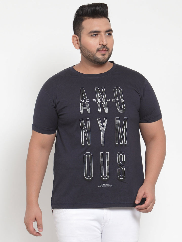 Plus Size Navy Blue Solid Round Neck Pure Cotton T-shirt