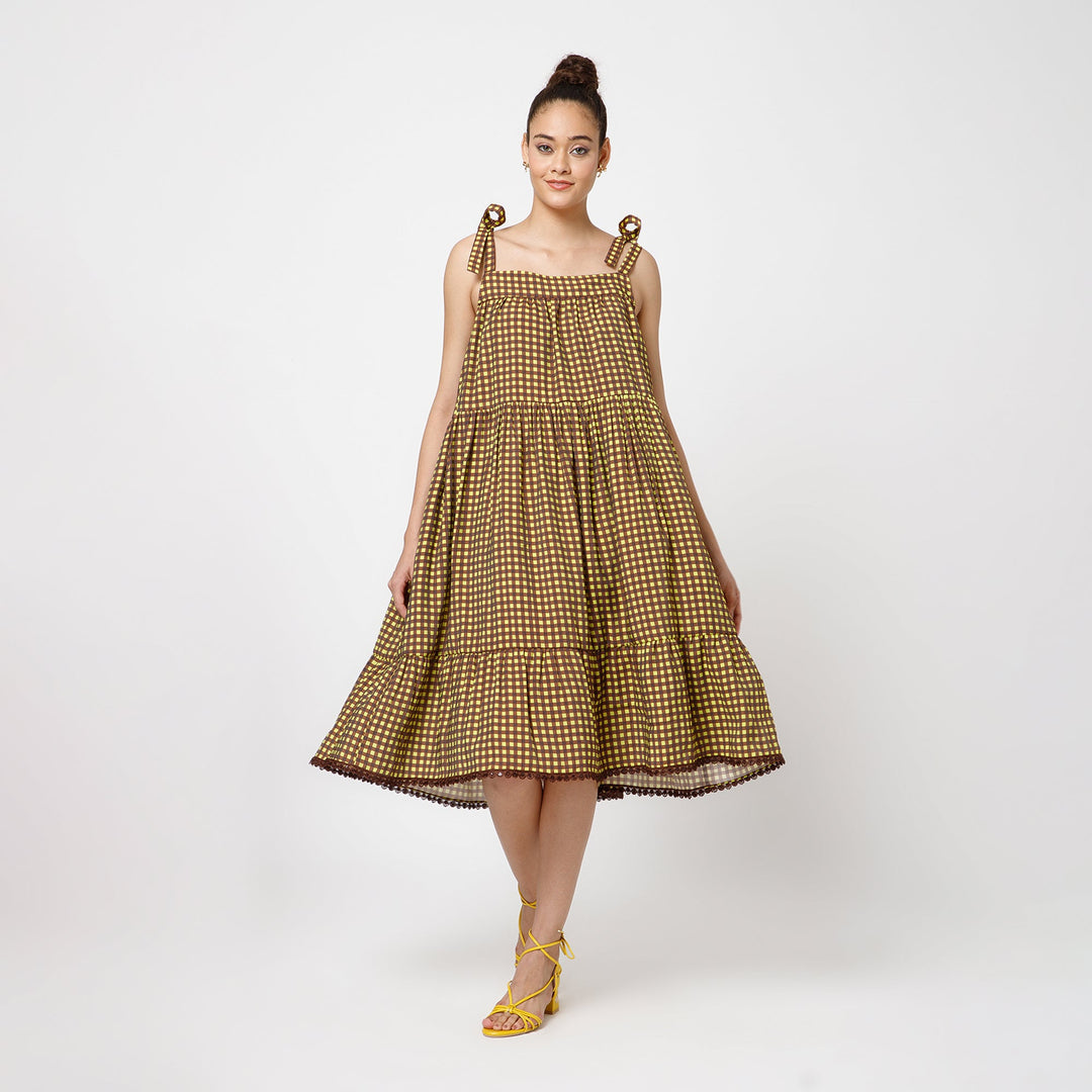 Brown Yellow Check Tiered Dress