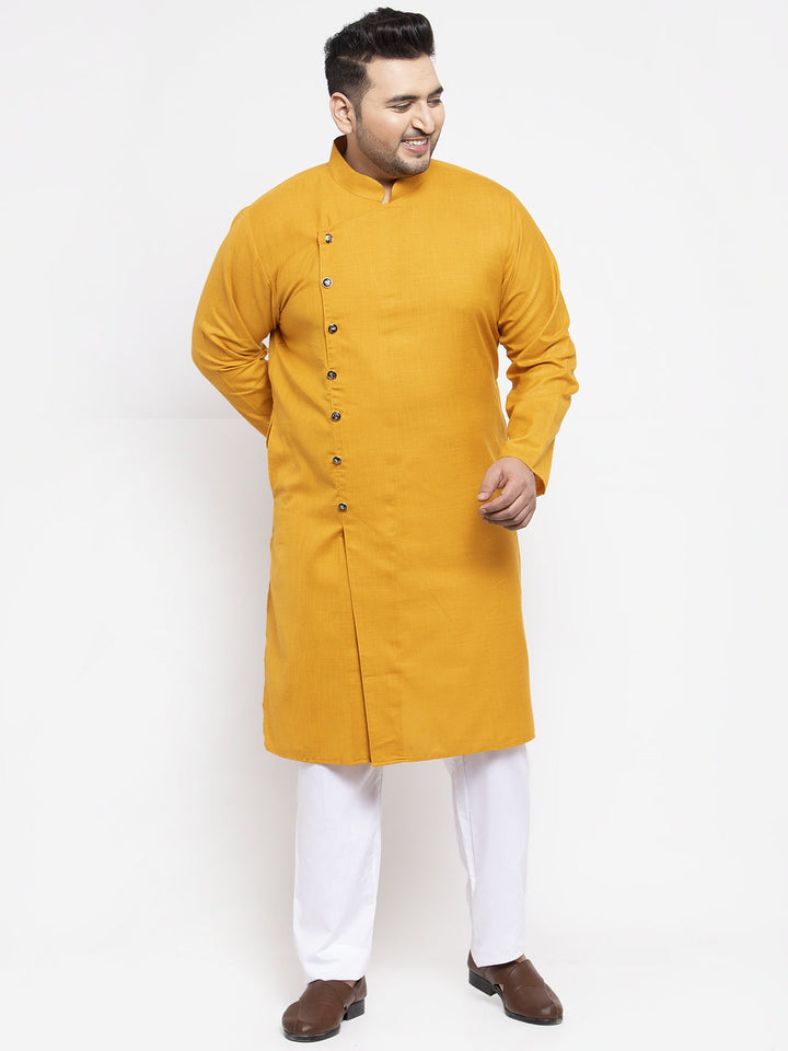 Plus Size Men Mustard Yellow  White Solid Kurta with Pyjamas