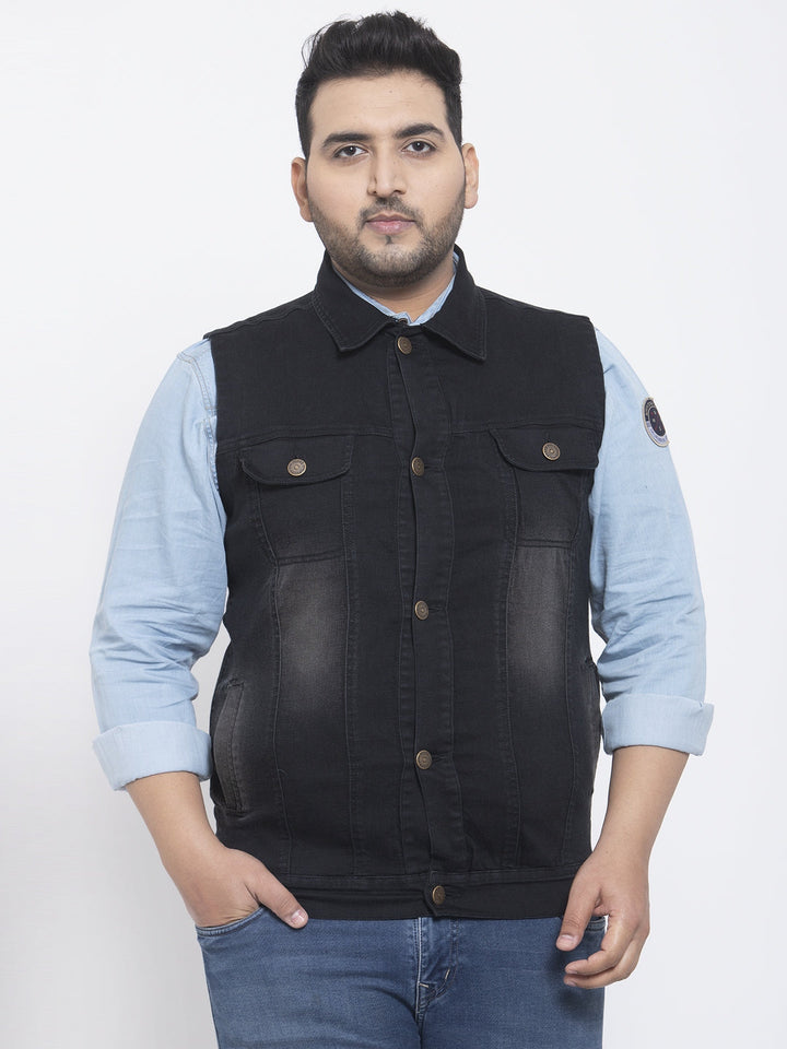 Plus Size Men  Black Solid Sleeveless Denim Jacket