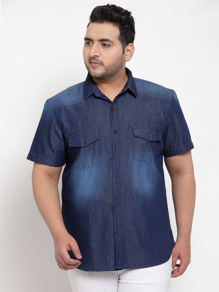 Plus Size Men Blue Regular Fit Faded Casual Denim Shirt