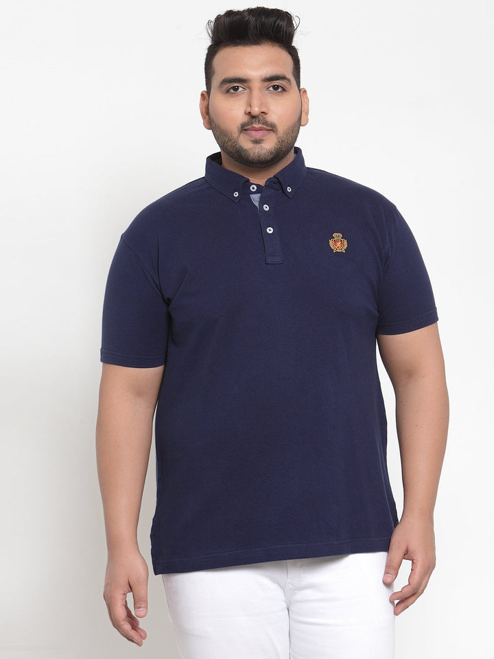 Plus Size Men Navy Blue Solid Polo Collar Pure Cotton T-shirt