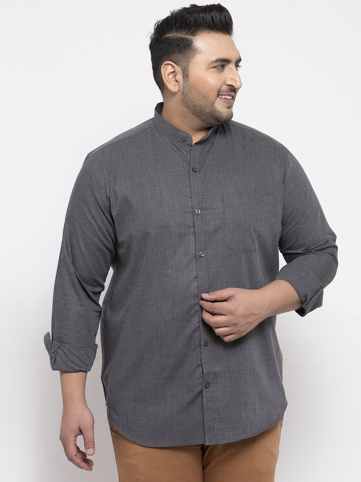 Plus Size Men Grey Regular Fit Solid Casual Shirt
