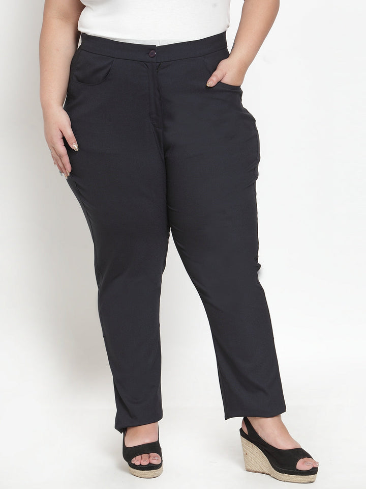 Plus Size Women Navy Blue Regular Fit Solid Regular Trousers