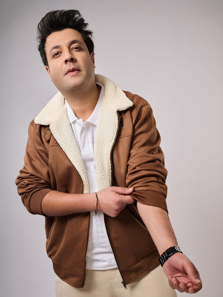 Brown Zip-Front Jacket With Fleece Detail