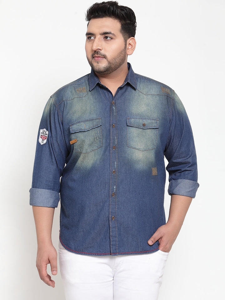 Plus Size Men Blue Regular Fit Faded Denim Casual Shirt