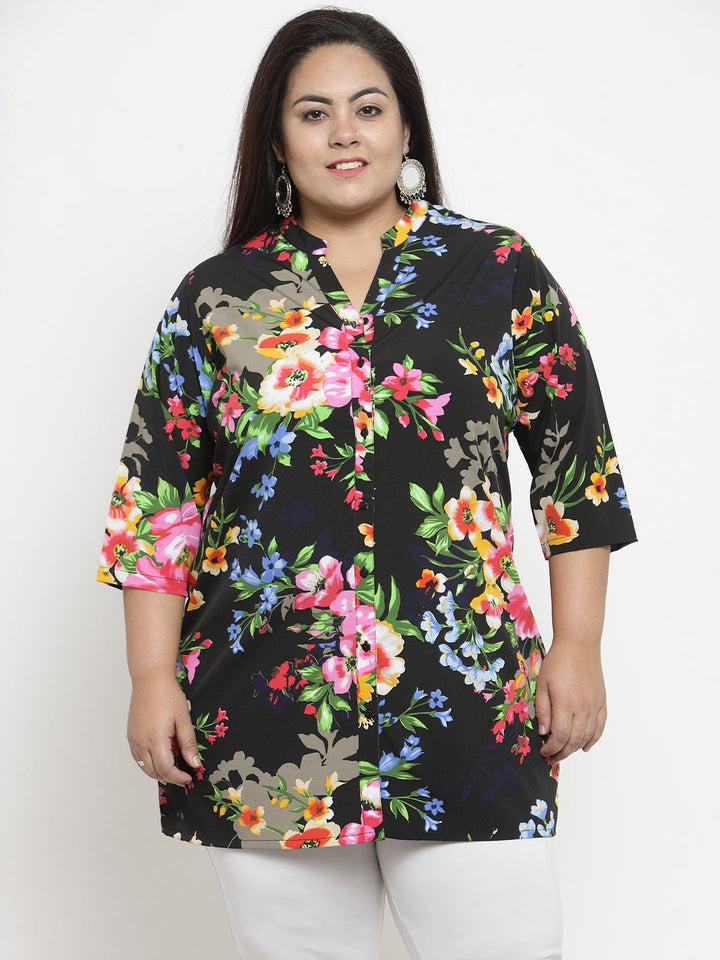 Plus Size Black Floral Printed Tunic