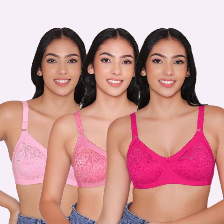 Women's Non Padded Full Coverage Net Bra (Pack of 3)-Thea