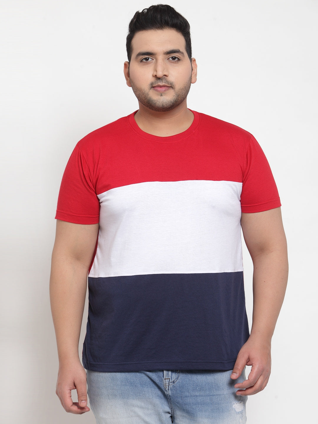 Plus Size Men Red  White Colourblocked Round Neck Pure Cotton T-shirt