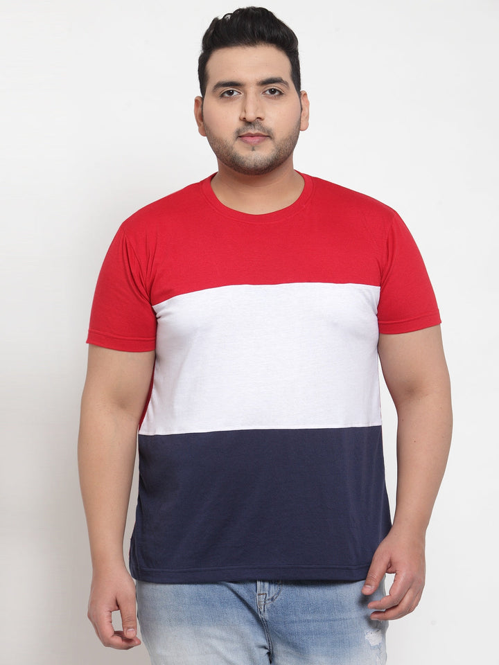 Plus Size Men Red  White Colourblocked Round Neck Pure Cotton T-shirt
