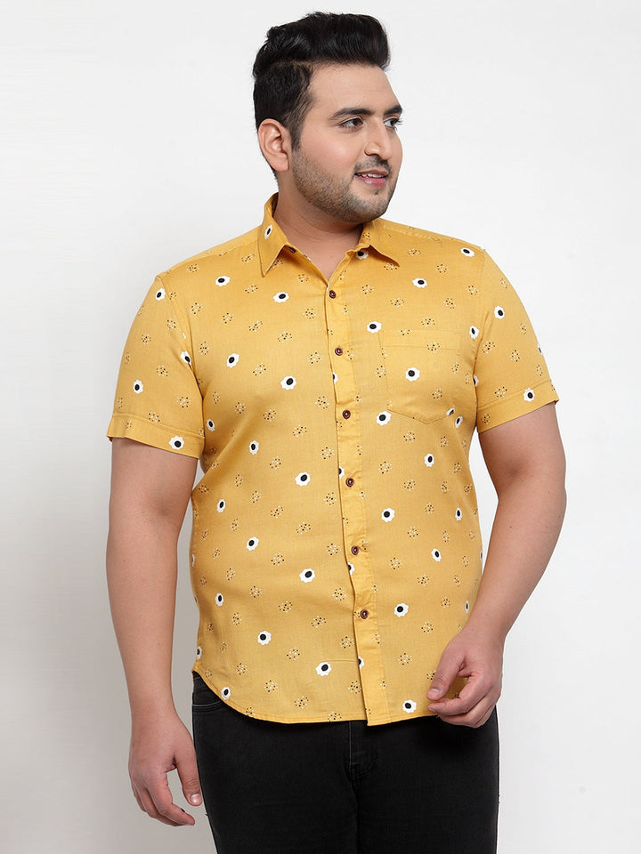 Plus Size Men Yellow Regular Fit Printed Casual Cotton Shirt